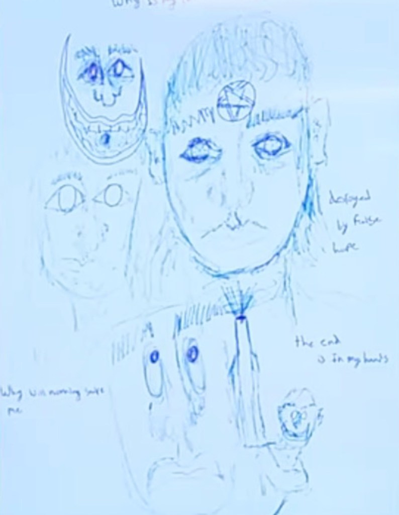 Drawing of several faces and text.