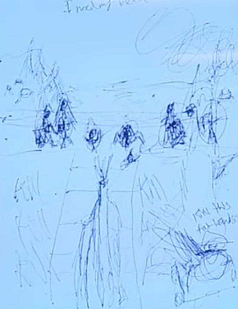 Child's drawing with figures and the word 