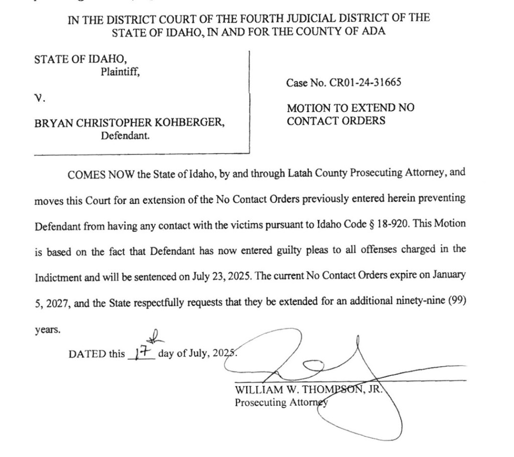 Motion to extend no-contact order for Bryan Christopher Kohberger.
