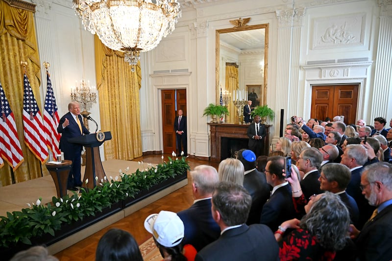 US President Donald Trump delivers remarks during a reception with Republican members of Congress at the White House