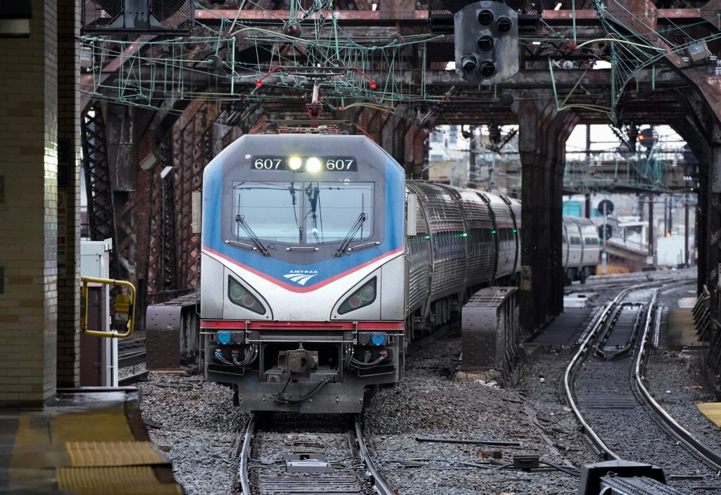 Amtrak train approaching station.