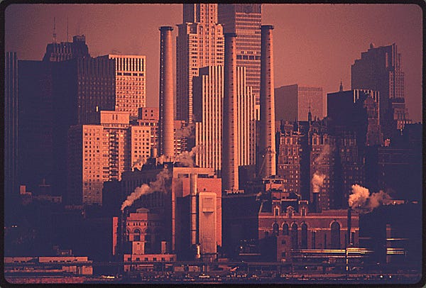 CONSOLIDATED EDISON POWER PLANT IN MANHATTAN, NEW YORK. IT HAS BEEN ESTIMATED THAT ALL ITS PLANTS DUMP SOME SIX MILLION GALLONS PER YEAR OF RESIDUAL COAL INTO THE NEW YORK BIGHT. STRESS FACTORS GENERATED ON THE BIGHT INCLUDE AIR AND WATER POLLUTION DESTRUCTION OF WETLANDS WHICH ARE NURSERIES FOR MARINE LIFE COASTAL OVER-DEVELOPMENT, AND OCEAN DUMPING OF MUNICIPAL AND INDUSTRIAL WASTES