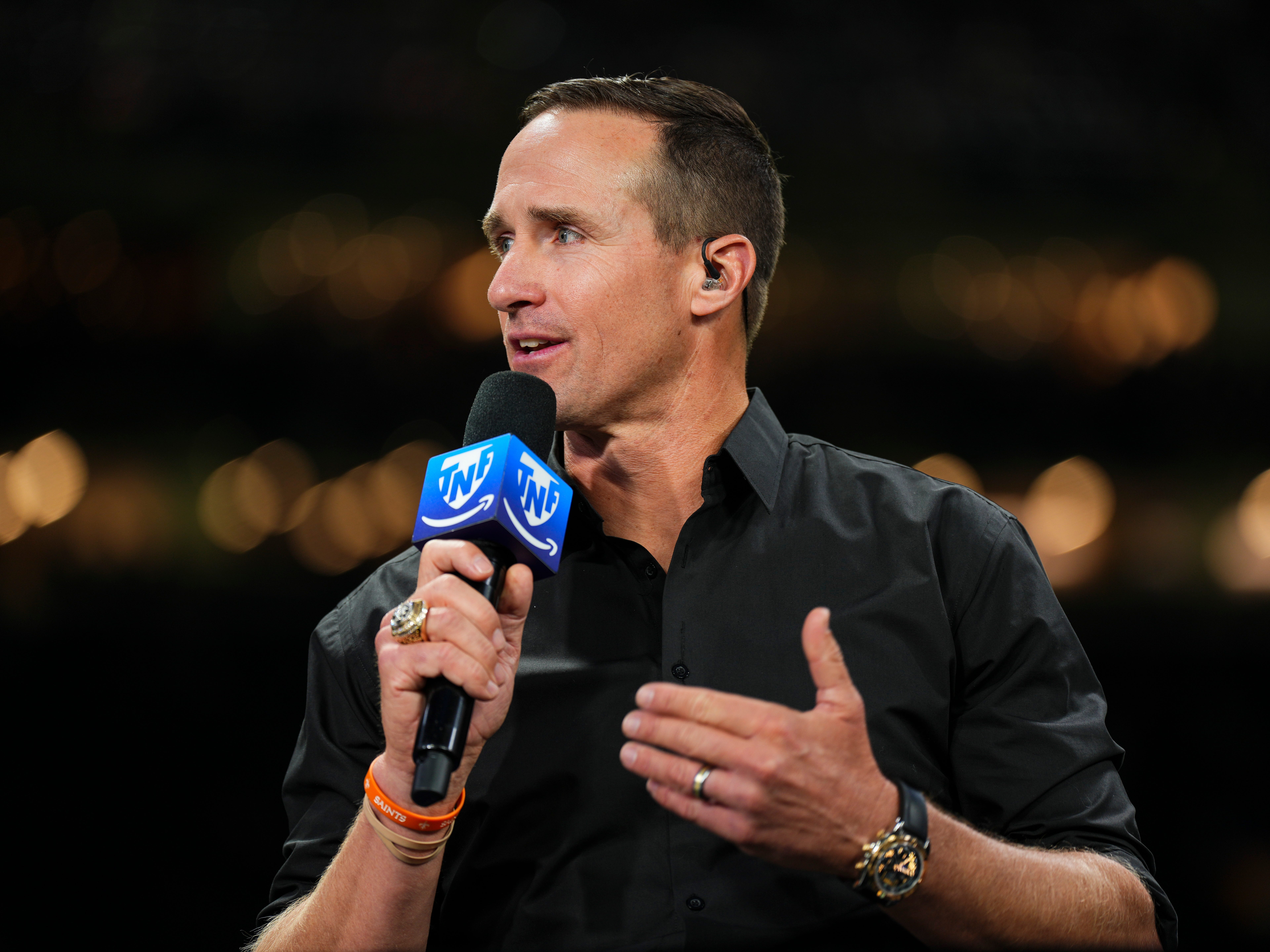 Drew Brees speaking on set of the Thursday Night Football on Prime pregame show before a game between the New Orleans Saints and Denver Broncos.