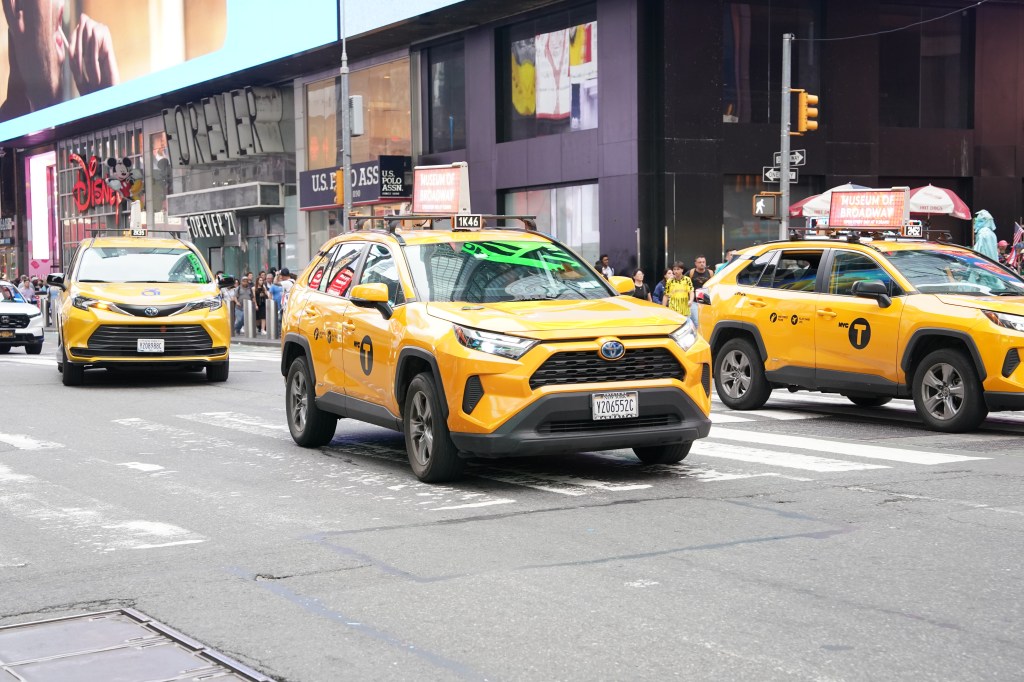 New York City yellow taxis in Times Square.