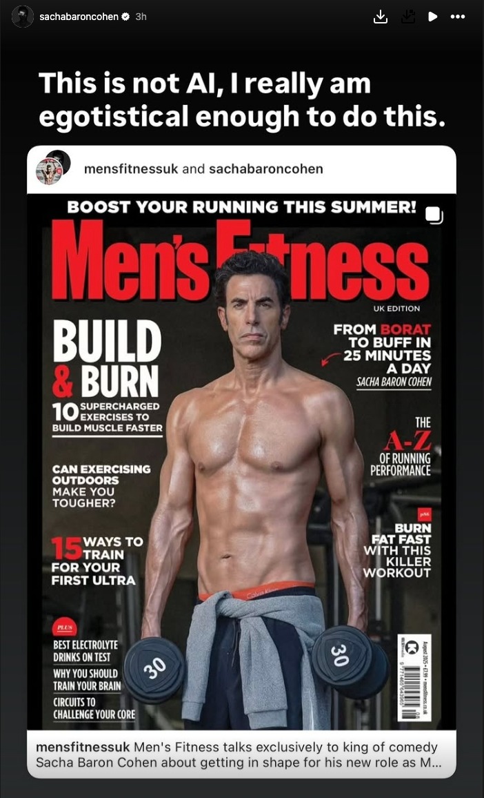 Sacha Baron Cohen's Instagram Stories with a photo of his Men's Fitness cover. 