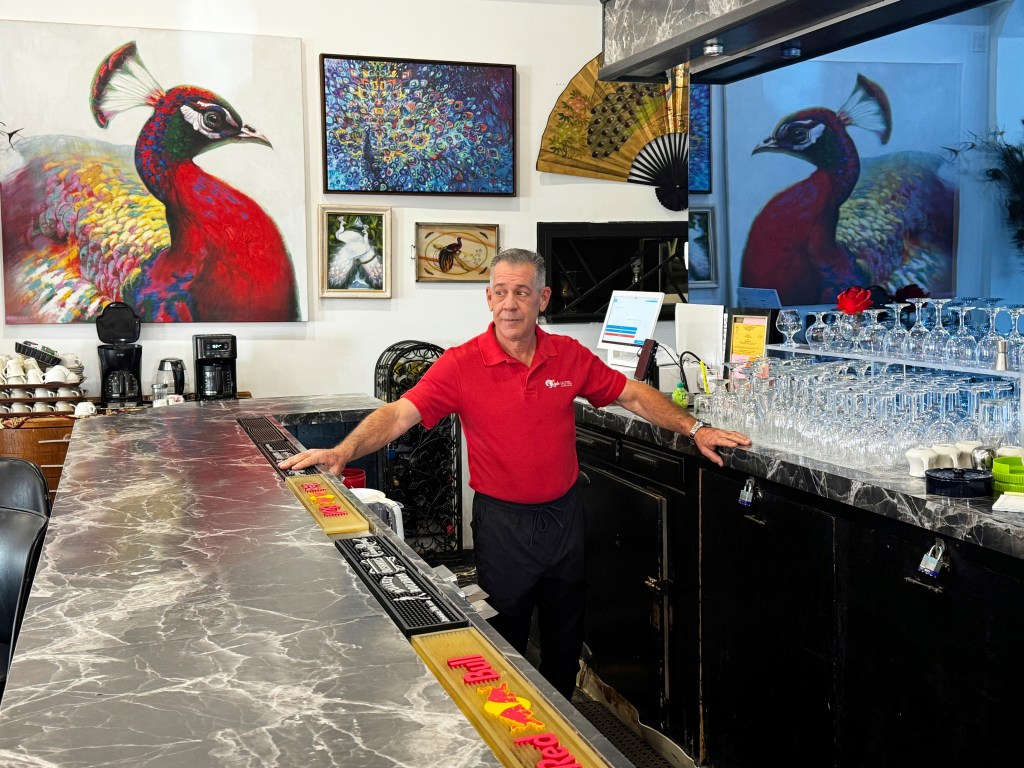 A bar manager stands behind a bar with peacock artwork.