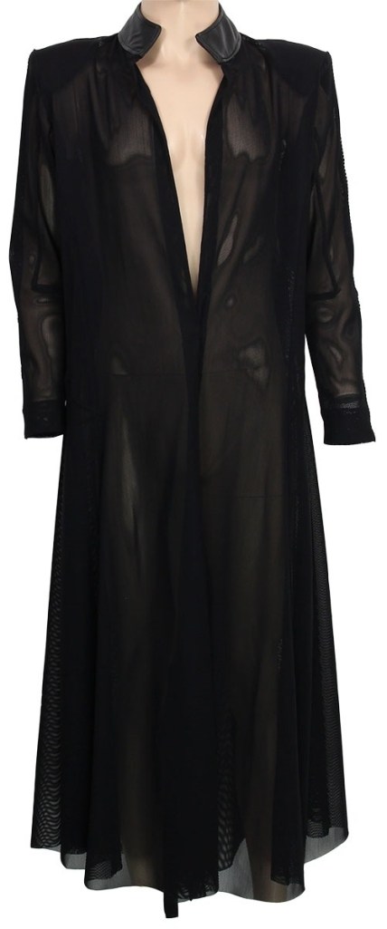 Black sheer long-sleeved dress with a leather collar.