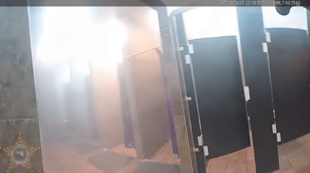 Smoke fills the bathroom of the men's locker room after Antunez-Avarado lit the suspected fire.