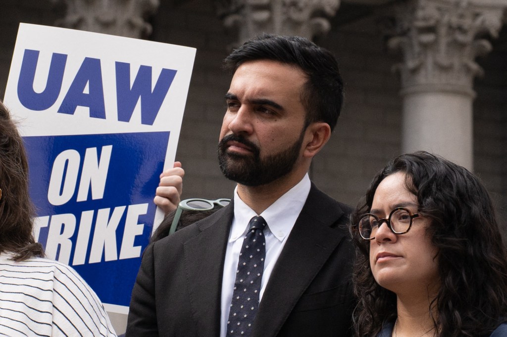 Zohran Mamdani at a UAW Legal Services Workers strike rally.
