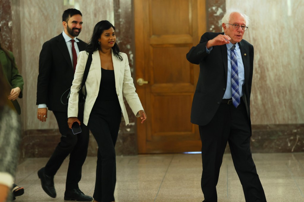 Sen. Bernie Sanders and Zohran Mamdani after a meeting at the Dirksen Senate Office Building in Washington, DC, on July 16, 2025.
