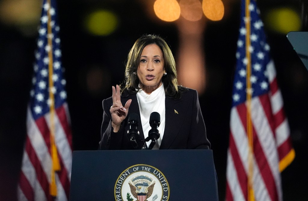Kamala Harris speaking at a campaign rally.