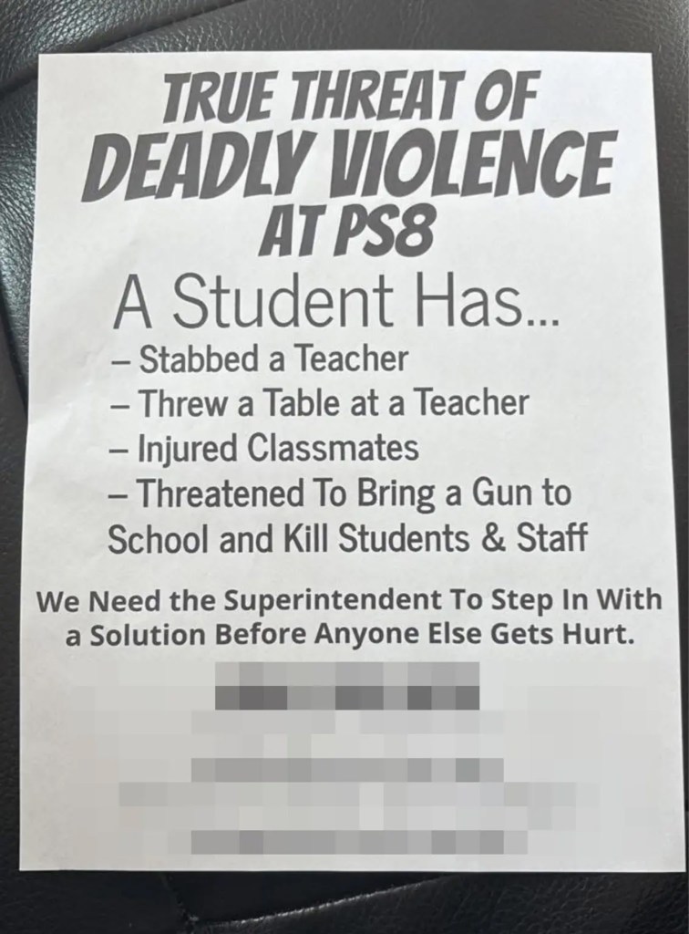 Flyer detailing a student's violent actions at PS8, including stabbing a teacher and threatening violence with a gun.
