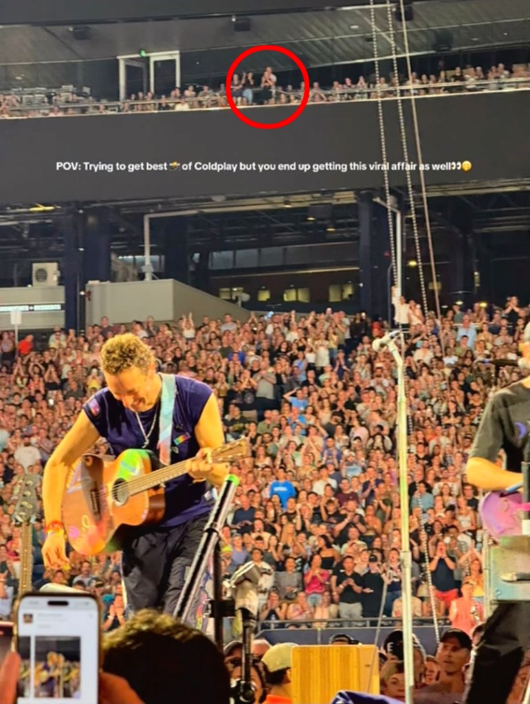 Photo of a Coldplay concert with a circled section showing a couple seemingly having an affair.