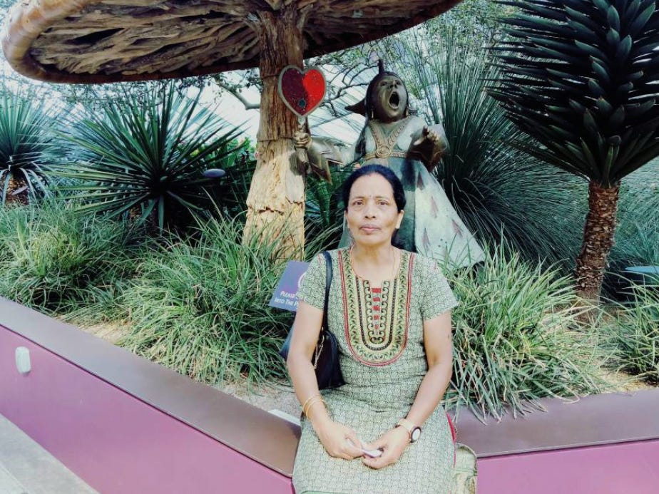 The writer's mother in Gardens by the Bay.