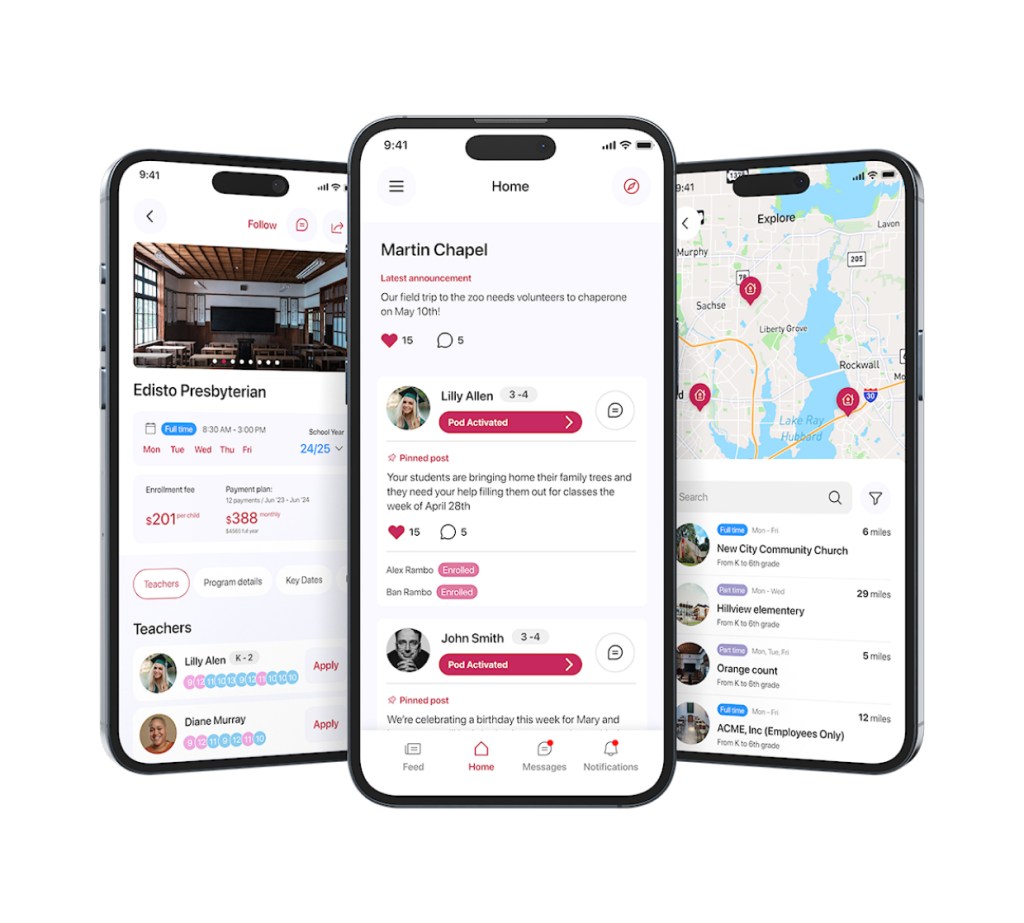 Screenshots of an education app interface showing scheduling, teacher profiles, and location features.