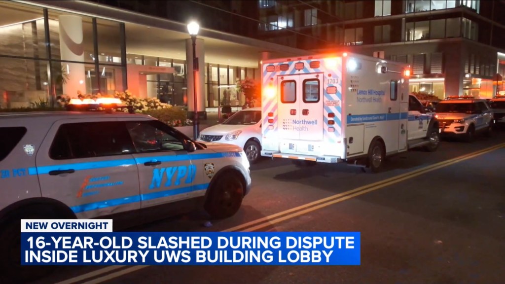 Emergency vehicles outside a building after a teenager was slashed.