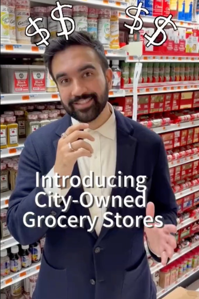 Zohran Mamdani discussing city owned grocery stores.