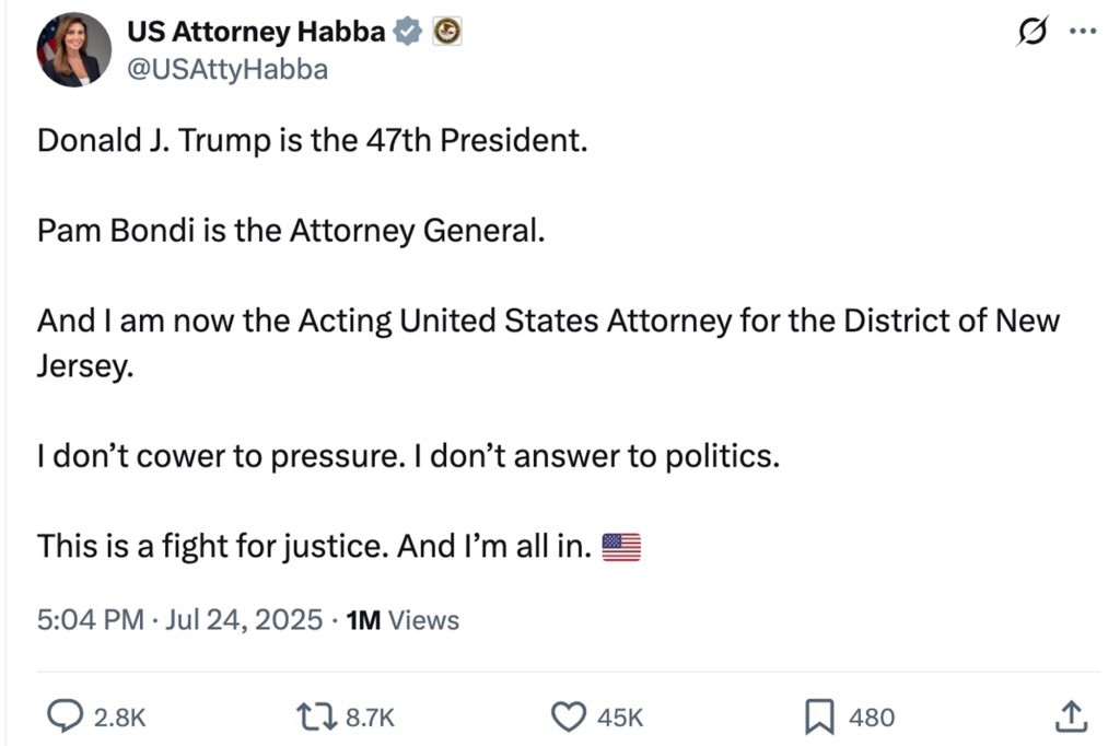 Screenshot of a tweet by Alina Habba announcing she is the Acting United States Attorney for the District of New Jersey.
