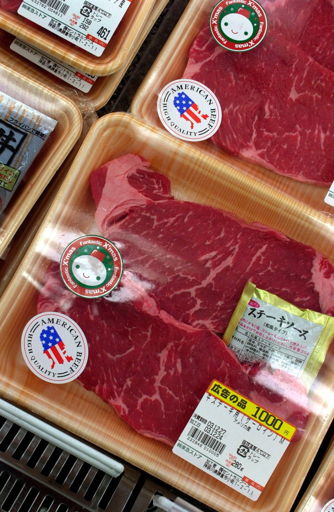 American sirloin steaks in a Tokyo supermarket.