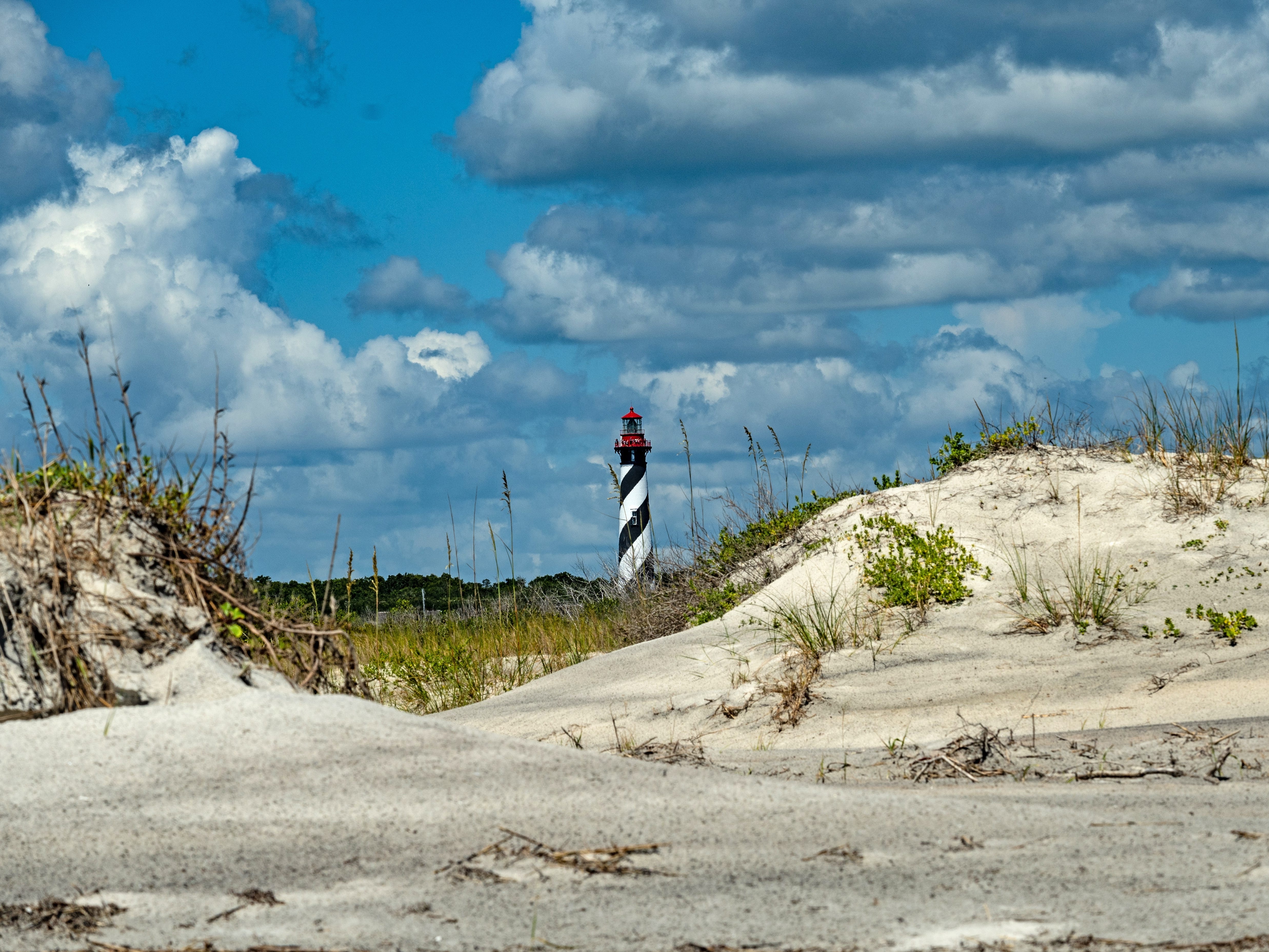 Sand dunes at Anastasia State Park with a lighthouse visible in the distance.