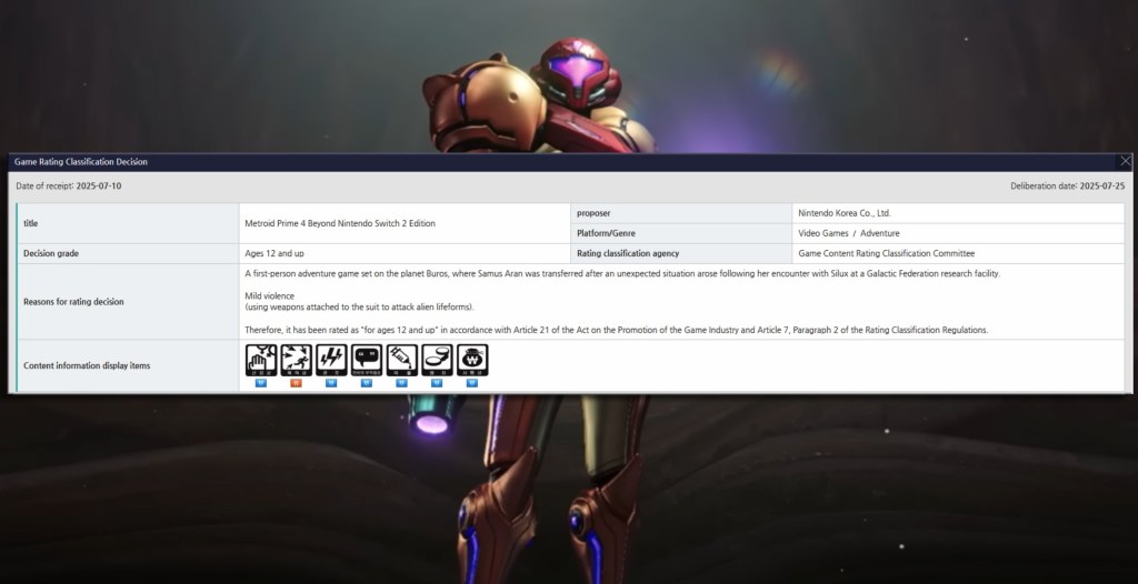 Metroid Prime 4 Rated in Korea