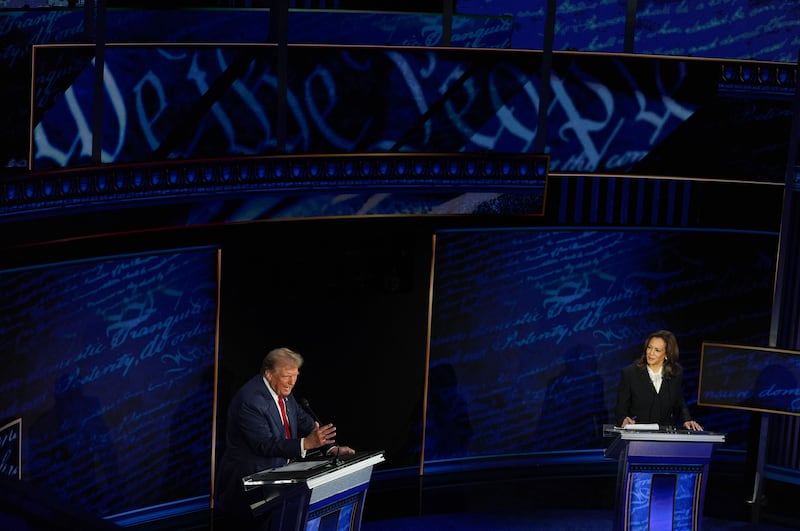 Republican presidential candidate Donald Trump and Democratic presidential candidate Kamala Harris are pictured during the first presidential debate at National Constitution Center in Philadelphia, PA on September 10, 2024.