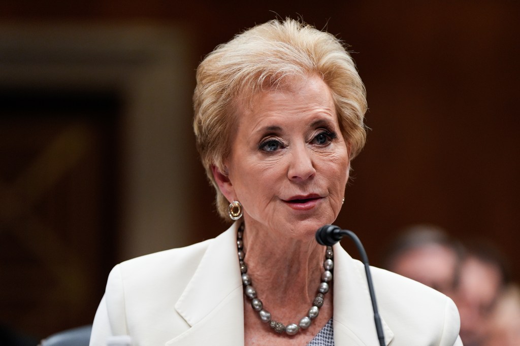Linda McMahon speaking at a Senate Appropriations hearing.