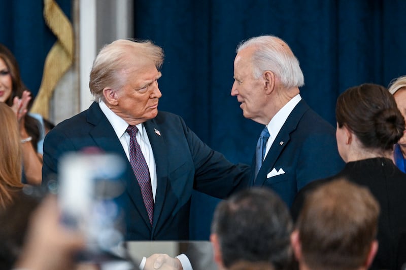 WASHINGTON, DC - JANUARY 20: U.S. President-elect Donald Trump shakes hands with U.S. President Joe Biden at Trump's inauguration in the U.S. Capitol Rotunda on January 20, 2025 in Washington, DC. Donald Trump takes office for his second term as the 47th President of the United States. (Photo by Kenny Holston-Pool/Getty Images)