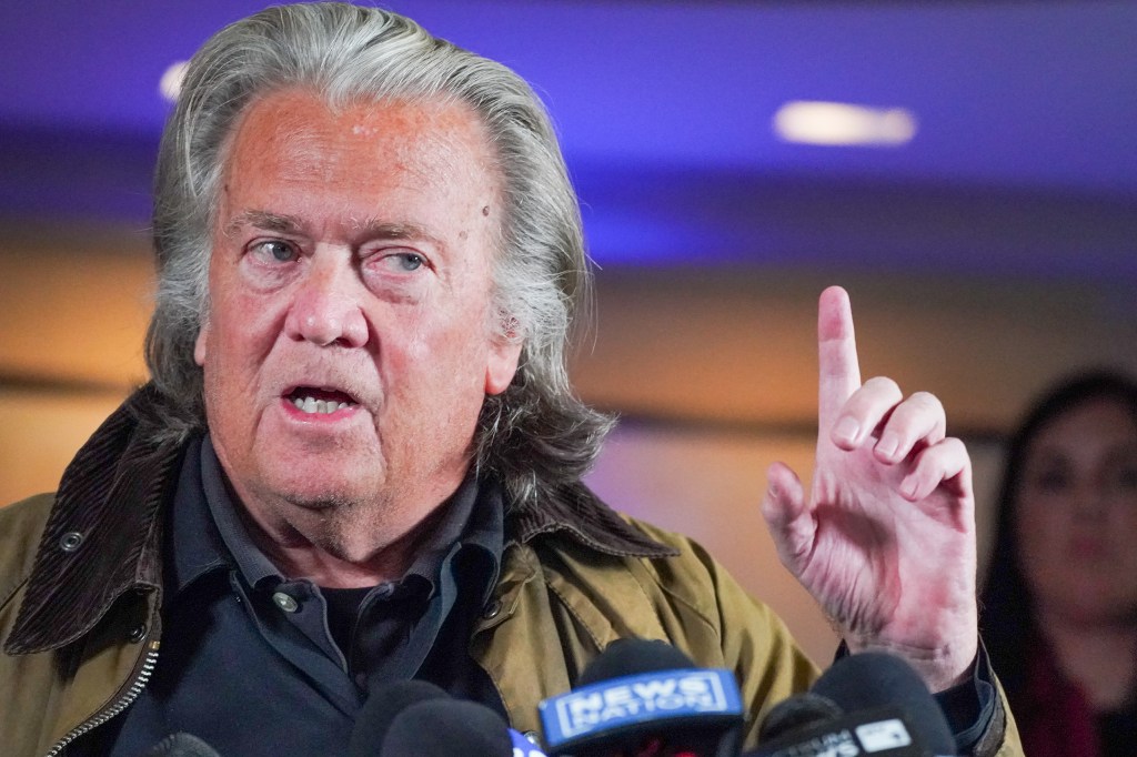 Steve Bannon speaking at a press conference.