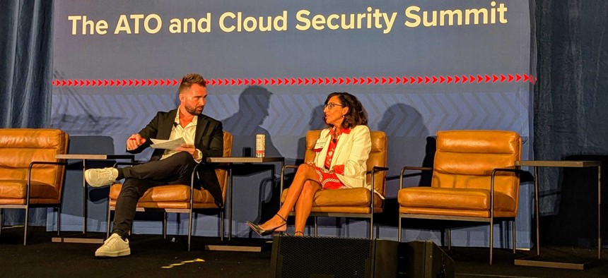 Department of Defense CIO Katie Arrington speaks with GovExec Editor-in-Chief Frank Konkel at the July 24 ATO and Cloud Security Summit.