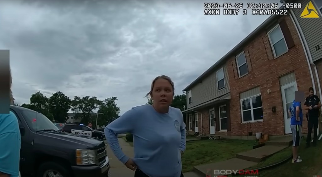 Bodycam footage of a woman being questioned by police.