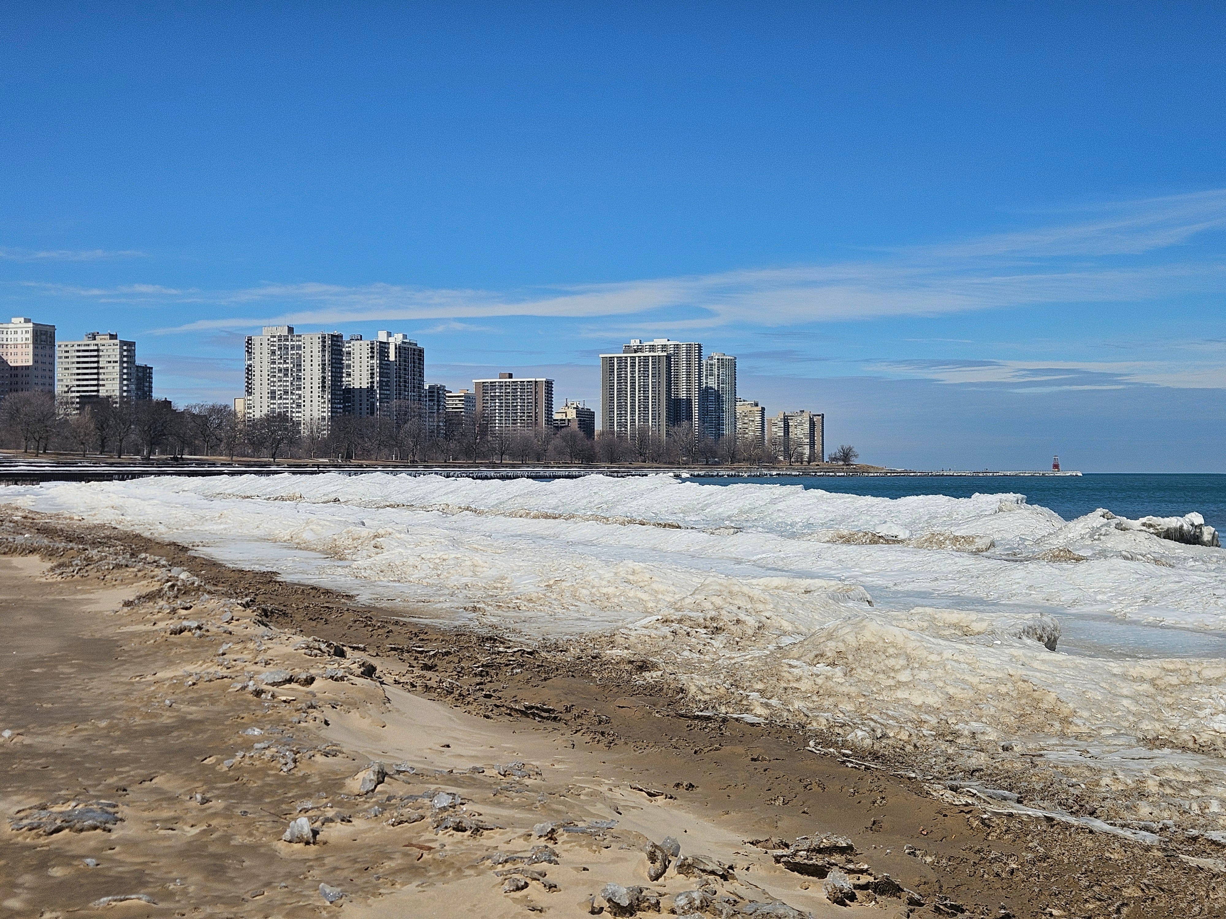 Foster Beach in Chicago in winter.
