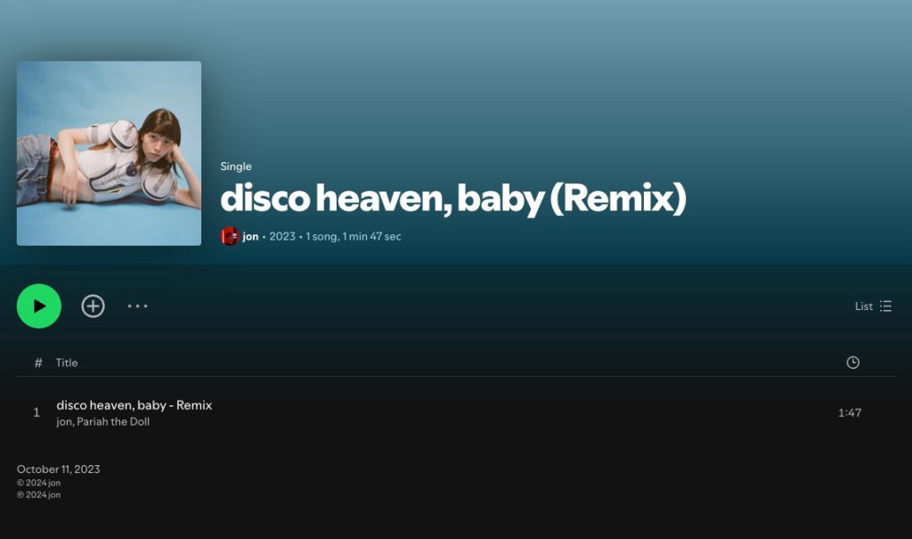 Spotify display of Pariah the Doll's 
