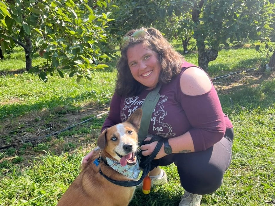 The writer and her dog in her hometown.