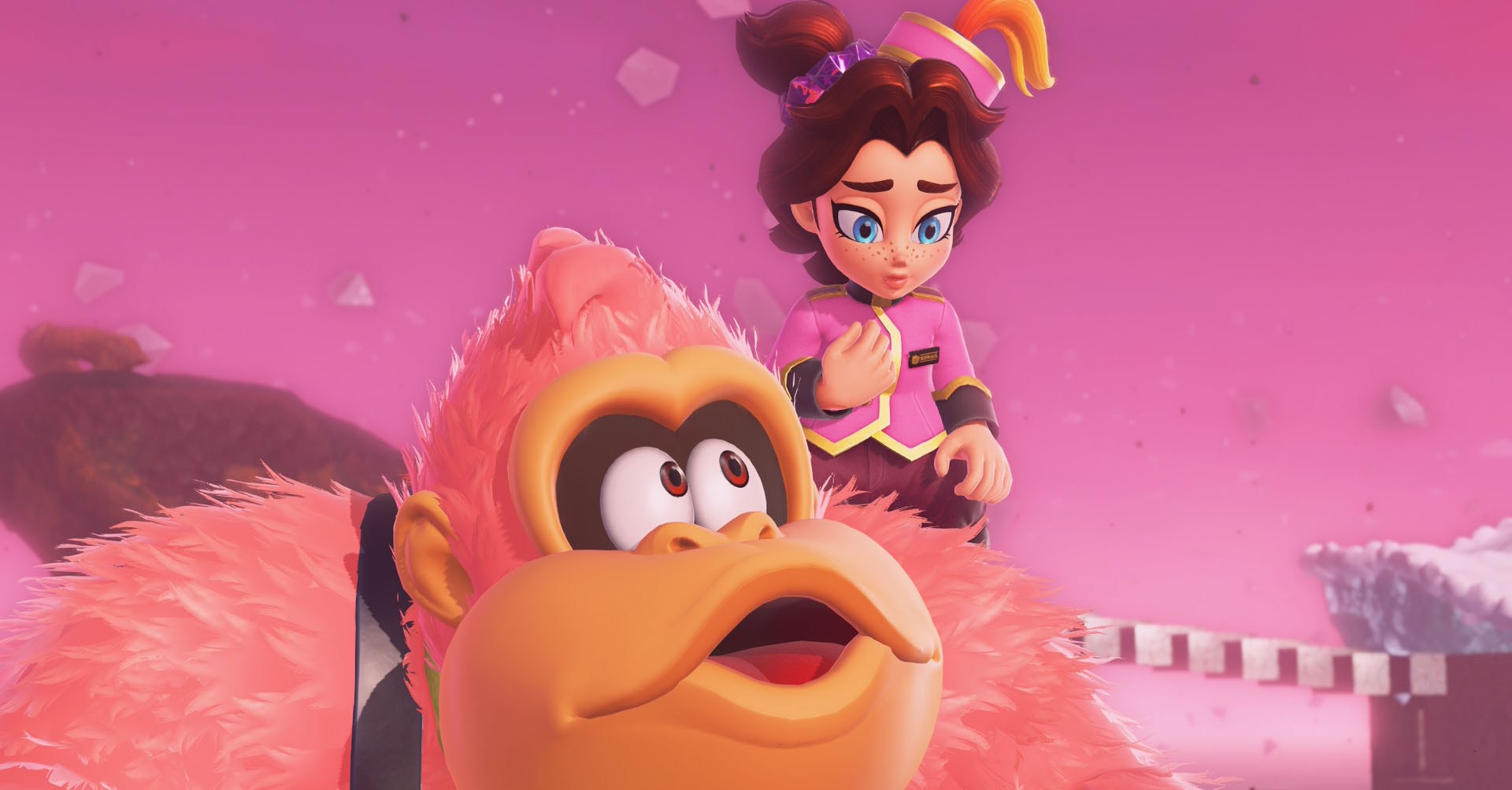A Donkey Kong Bananza screenshot showing DK looking at Pauline on this should who looks a bit lost in her thoughts.
