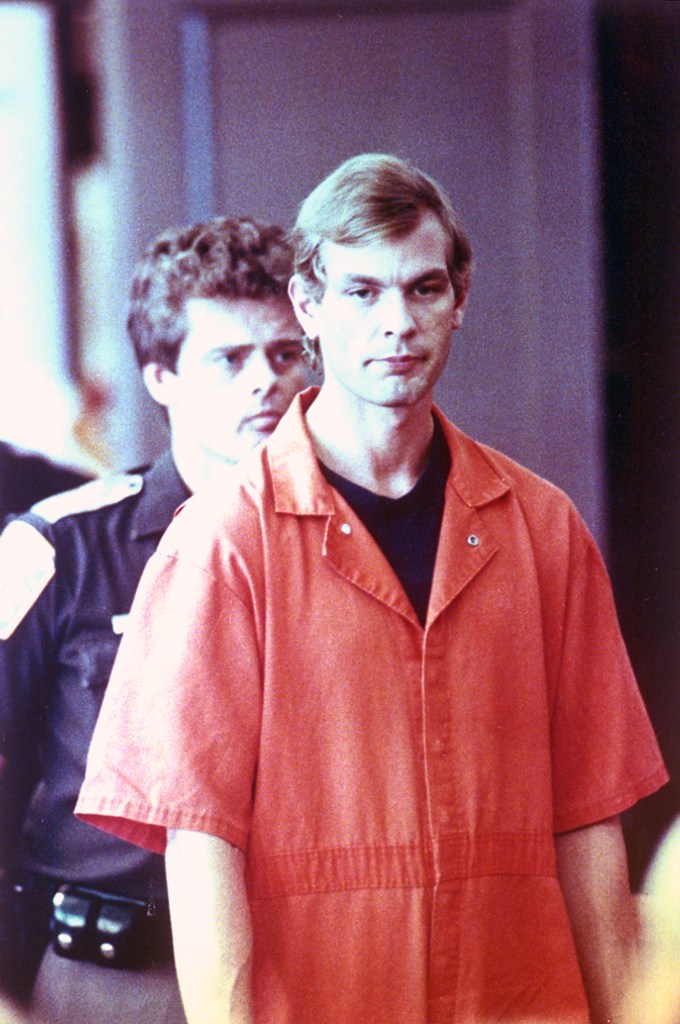 Jeffrey Dahmer in an orange jumpsuit in court.
