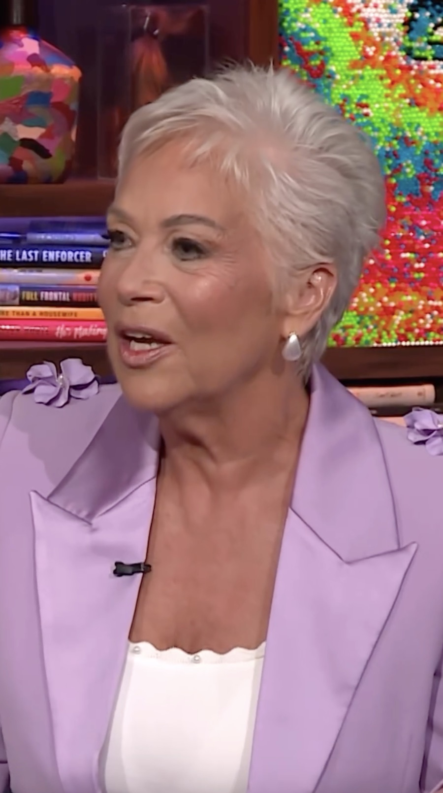 Denise Welch in a purple jacket. 