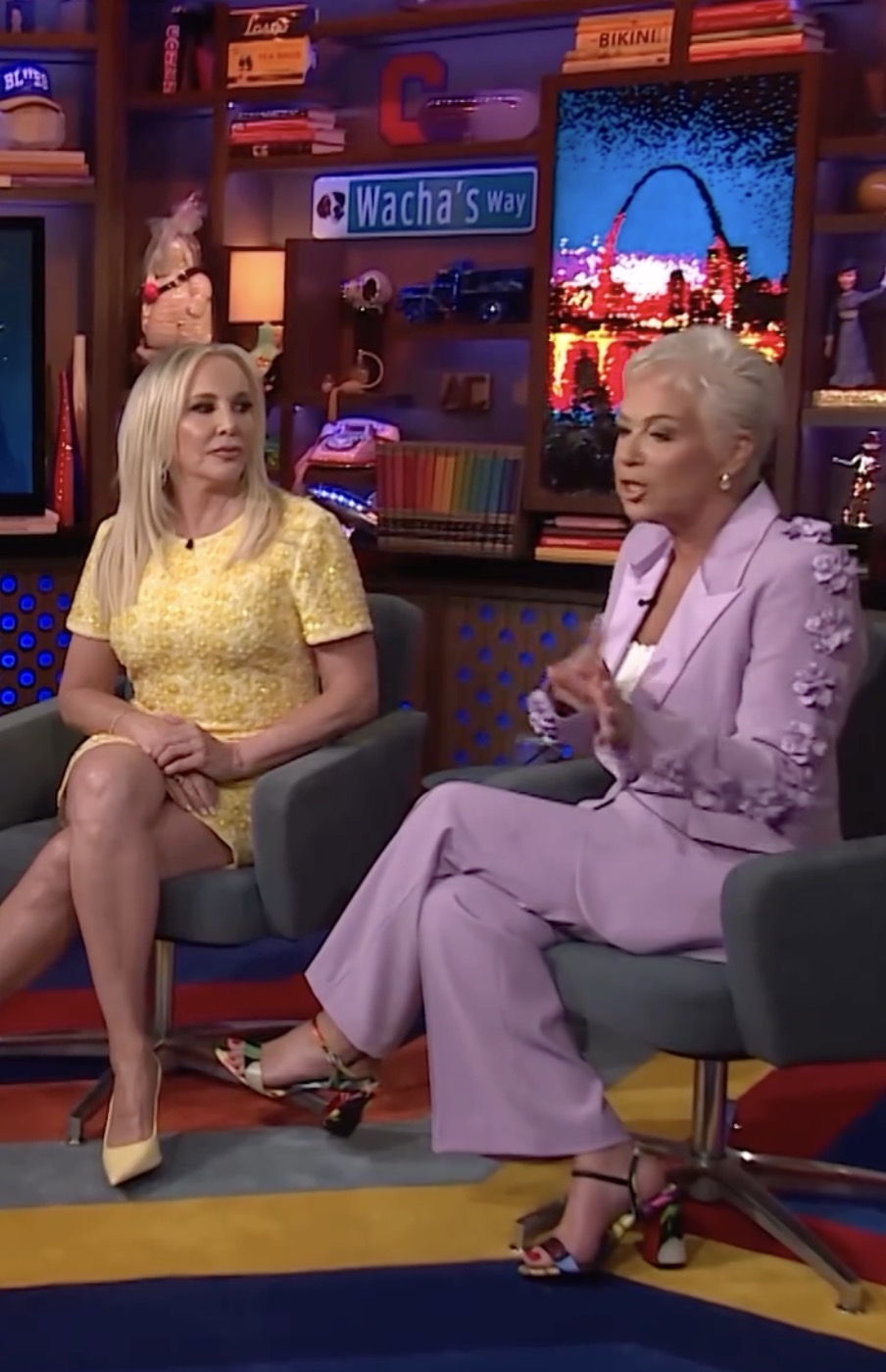 Denise Welch appears on Watch What Happens Live in a purple suit. 