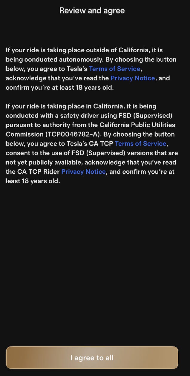 Tesla's new Robotaxi terms and conditions detail its plans for its roll out in California.