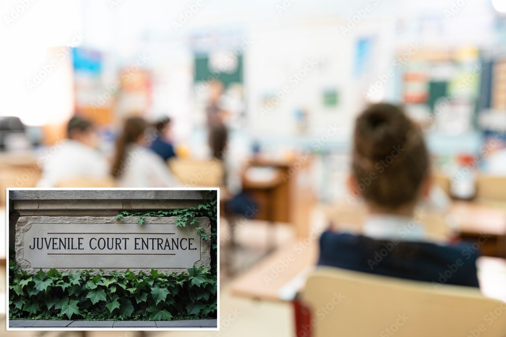 Juvenile court entrance sign juxtaposed with a blurred classroom.
