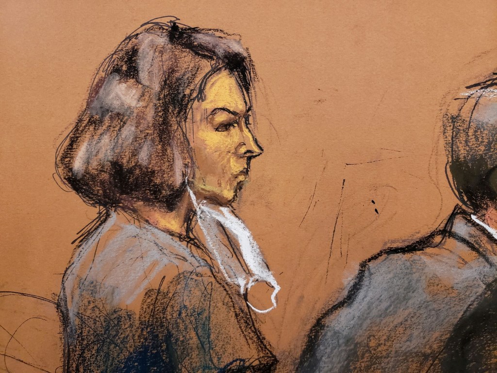 Courtroom sketch of Ghislaine Maxwell at the defense table.