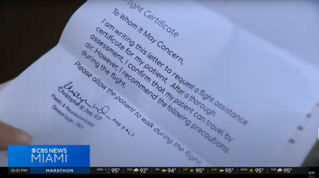 Doctor's note recommending precautions for a patient traveling by air.