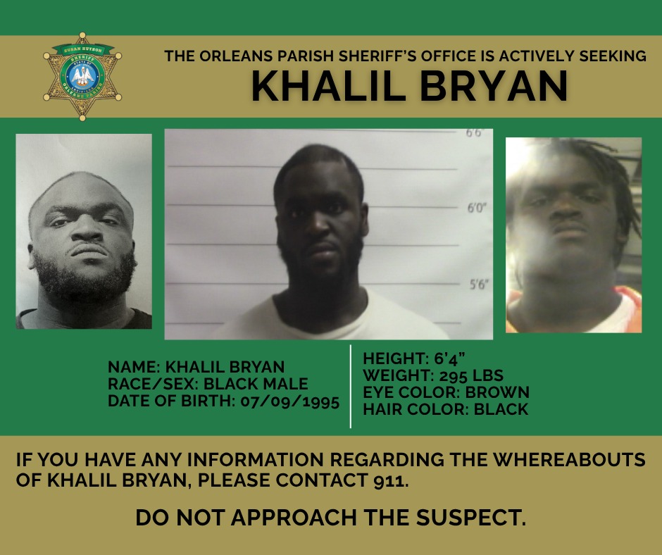 Wanted poster for Khalil Bryan; includes photos and vital statistics.