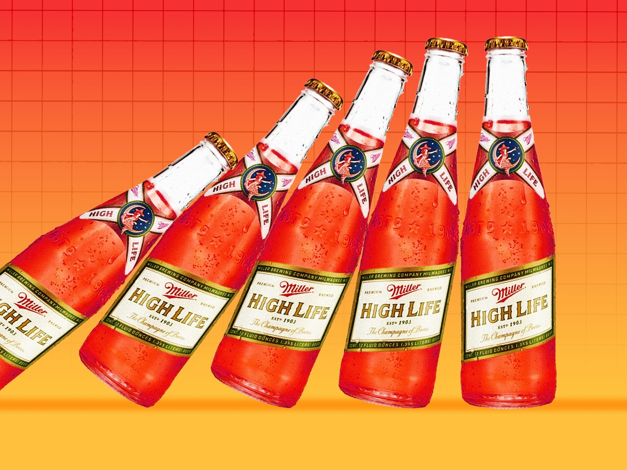 A line of Miller High Life tipping and crashing into one another