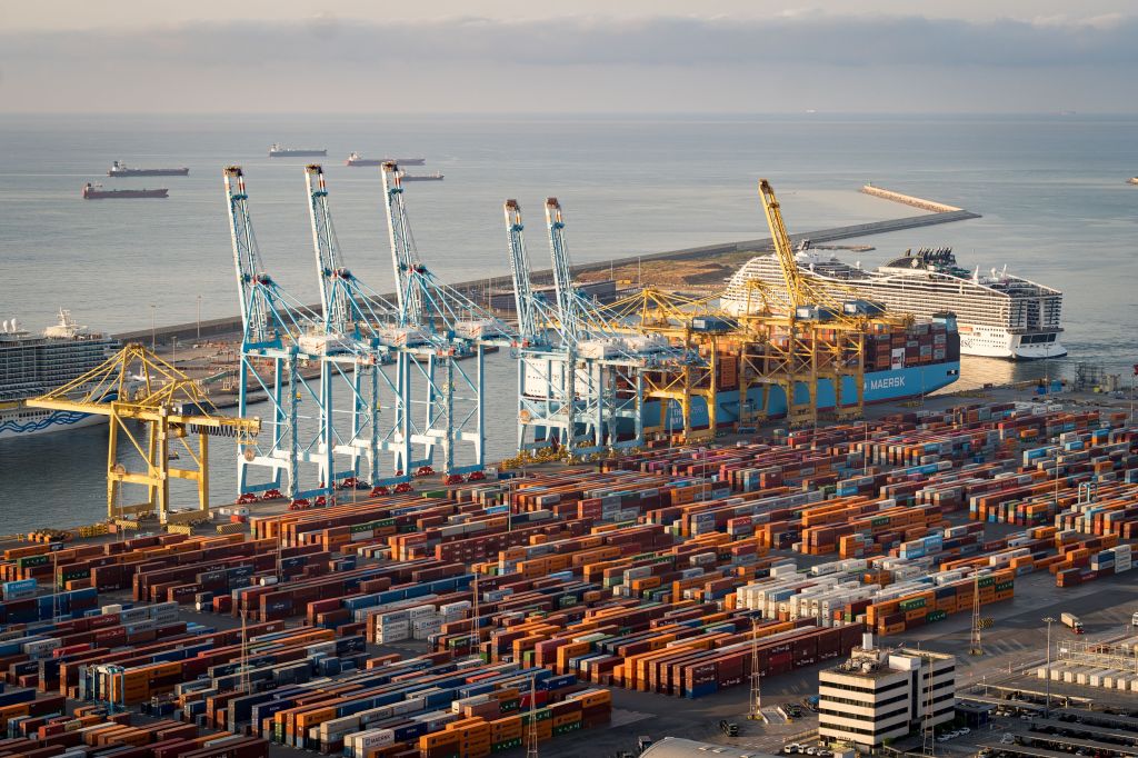 Cargo ships and containers at the Port of Barcelona.