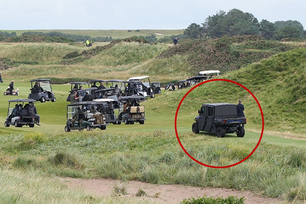 A heavily armored golf car seen following President Trump during a round on his Trump Turnberry course in South Ayrshire, Scotland on July 26, 2025.
