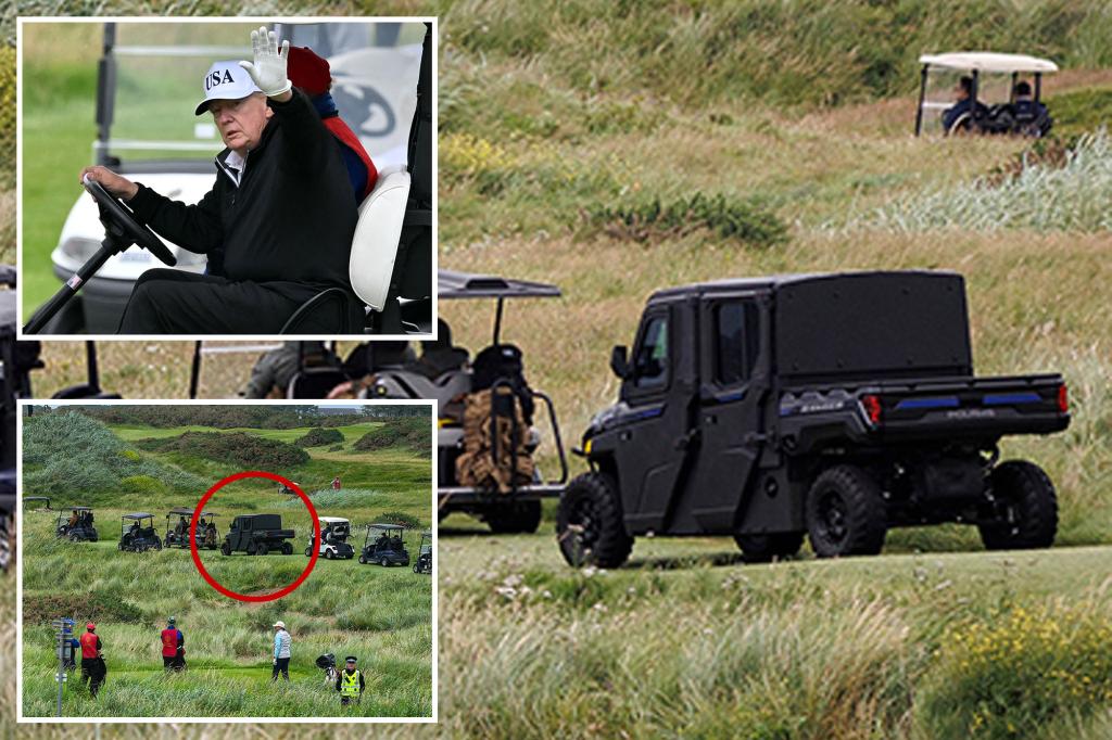 Heavily armored ‘Golf Force One’ debuts as it trails Trump on the Scottish links less than a year after assassination attempt