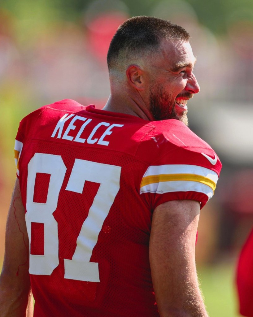 Travis Kelce flaunted a dramatic hair cut at the Kansas City Chiefs' training camp in St. Joseph, Mo., on Sunday.