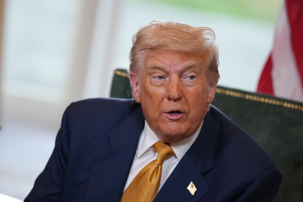 President Donald Trump announces a trade deal with the EU after a meeting with President of the European Commission Ursula von der Leyen at Trump Turnberry golf club on July 27, 2025 in Turnberry, Scotland.