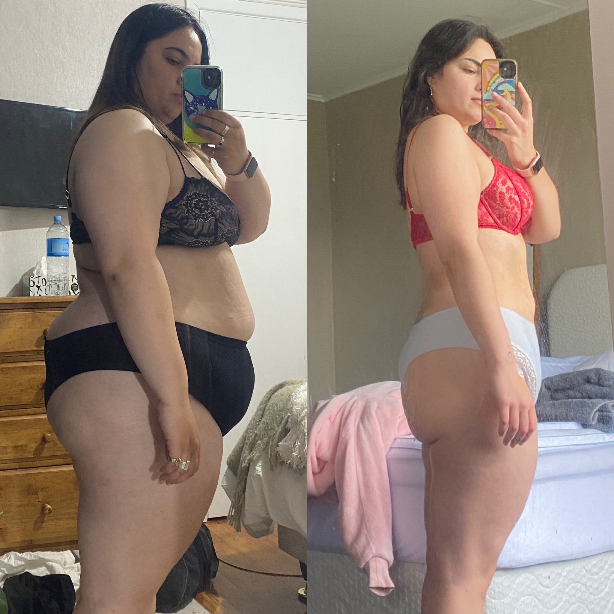 A side by side image of a woman before and after losing weight.